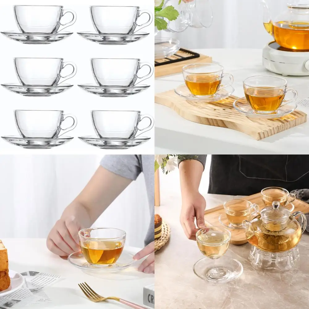 

glass teacup and saucer set, 6 pack coffee mug with stainless steel spoon suitable for espresso juice cappuccino and more bevera