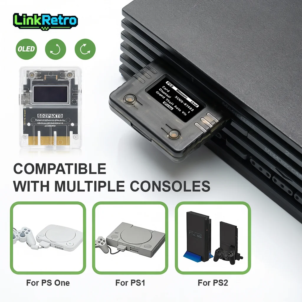 محاكي بطاقة الذاكرة متعدد الاستخدامات LinkRetro OLED SD2PSX SD2PSXTD مع برنامج USB-C لأجهزة سوني PS One / PS1 / PS2 للألعاب الكلاسيكية
