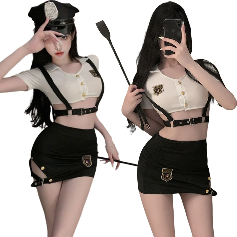 

New Women Sexy Police Themed Costume Set Cropped Top Mini Skirt with Hat for Halloween Cosplay Themed Party Dress Up Nightwear