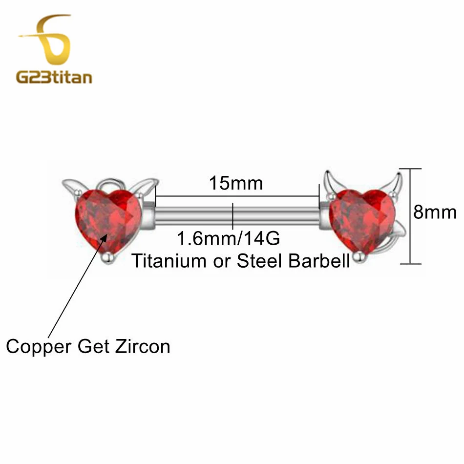 G23titan 2pcs Devil Red Heart Zircon Nipple Piercing Ring for Women 14G Surgical Titanium Barbell Sexy Body Jewelry Accessories