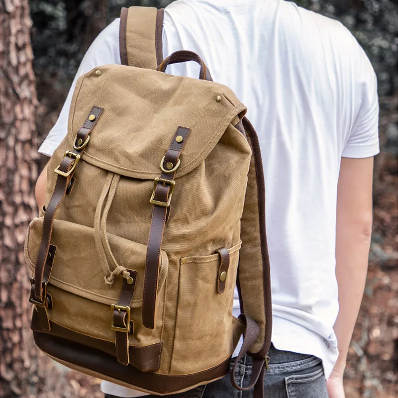 Vintage Canvas Backpack with Leather Trim and Buckle Closure Outdoor Travel Double Shoulder Bag Large Capacity Rucksack for Men