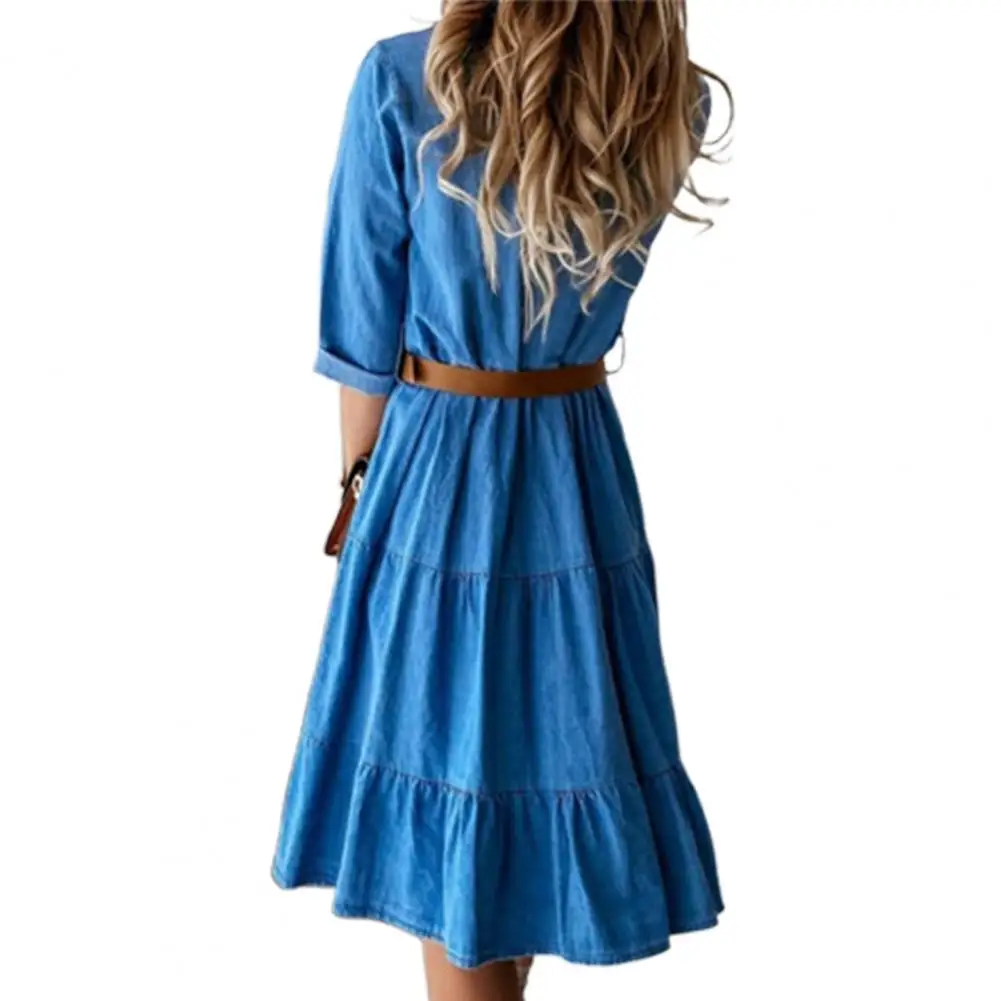 Denim Dress Three Quarter Sleeve with Belt Turn-down Collar Spring Autumn Buttons Ruffle Jeans Dresses for women 2023