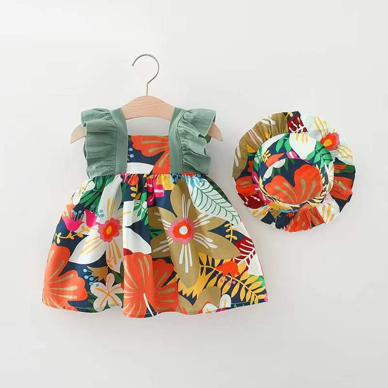 Girls' Dress Summer Children's New Color Print Flower Wood Ear Halter Skirt Halter Lace A-line Skirt Cap 2024 Girl Clothes