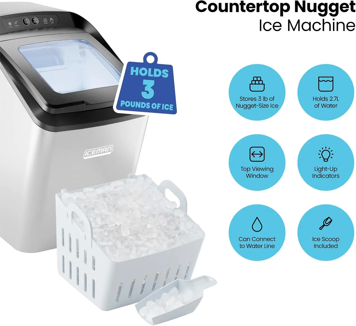 Countertop Ice Maker – Pebble size, Soft Chewable Pellets in 20 Min, 26Lbs/24H, 3lbCapacity, Waterline-Compatible, Self-Cleaning