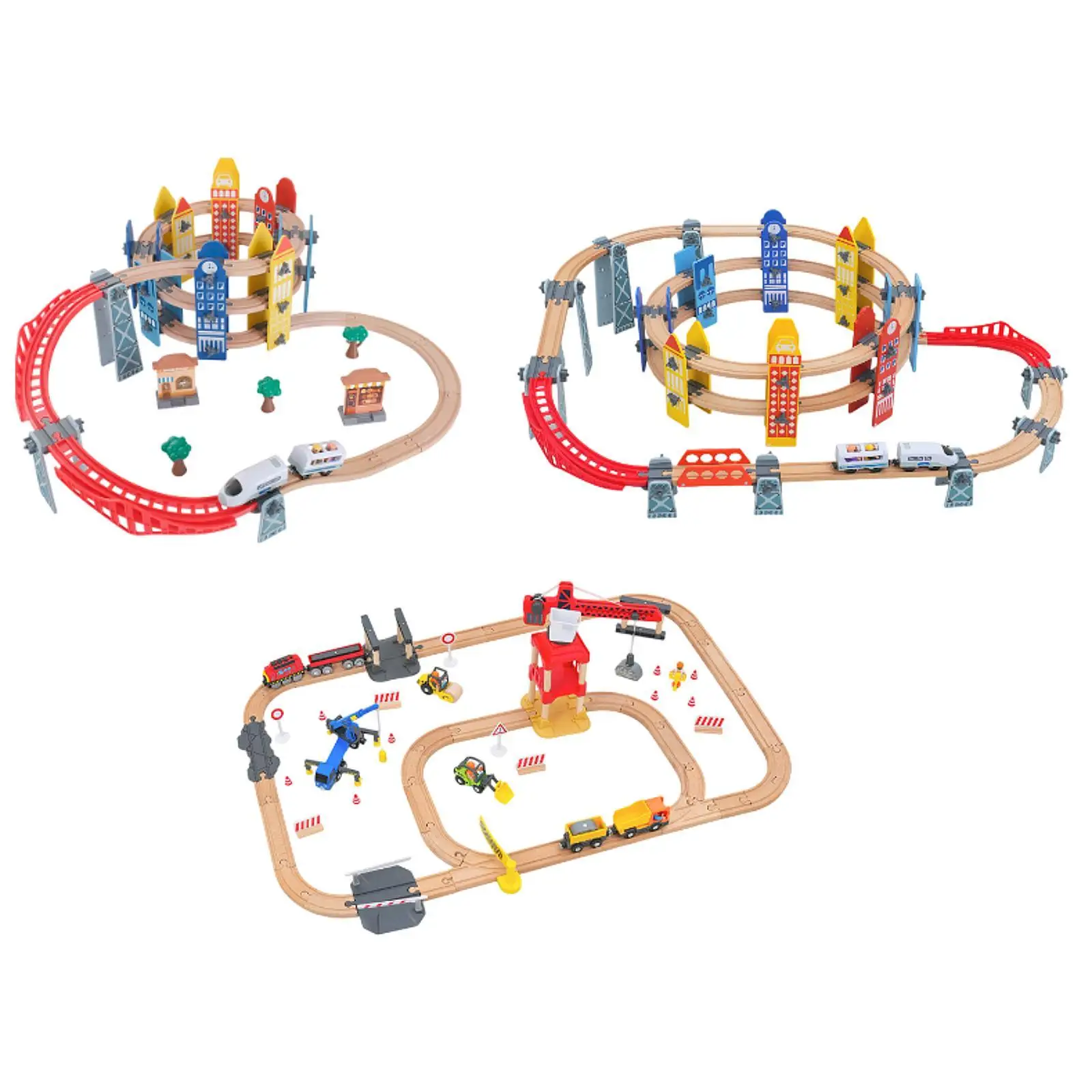 Conjuntos de trem e pista de madeira, brinquedo de viagem, conjunto ferroviário com ponte para idades de 3 + anos, pré-escolar, jardim de infância, crianças, suprimentos para festas