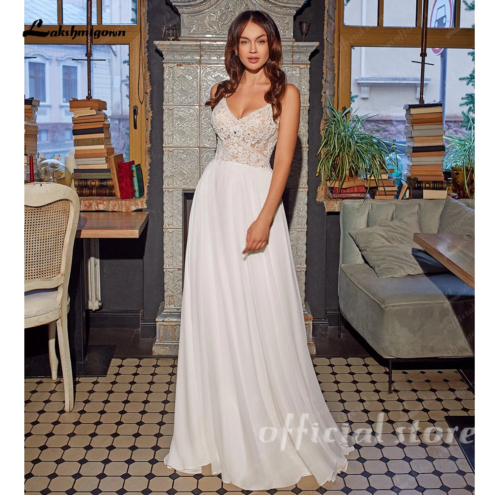 Lakshmigown Boho V-Ausschnitt Spitzen-Chiffon Hochzeitskleid für Frauen A-Linie Schleppe Brautkleid Vestidos De Novia Maßanfertigung – Detail 5