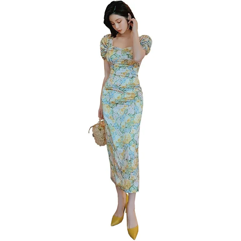 Rétro imprimé fleuri une épaule Dr taille haute bulle Sve été nouveauté femmes Faion Dr décontracté Busin maison