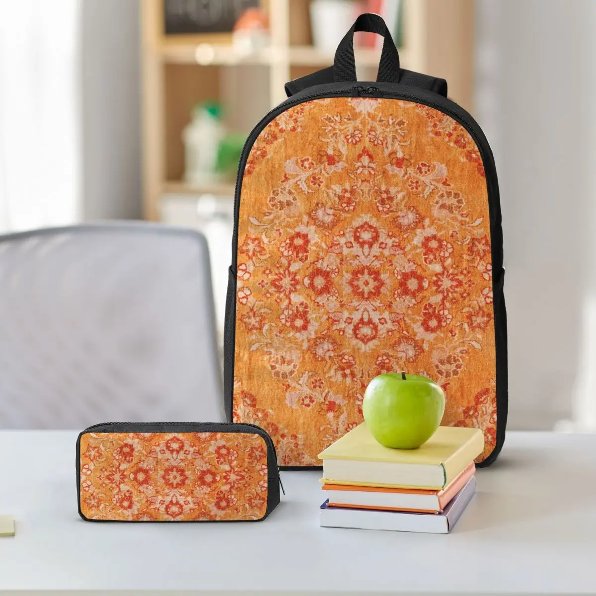 Orange Bohemian Berber Traditional Moroccan Style Backpack BookBag School Bag Shoulder Bags 3ps Insulated Lunch Bag Pencil Case