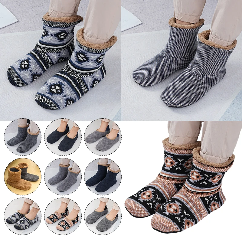 Winter Warm Floor Socks Women Men One Size Thicken Thermal Plush Soft Sole Non Slip Floor Slippers Short Sock Xmas Boots Socks 