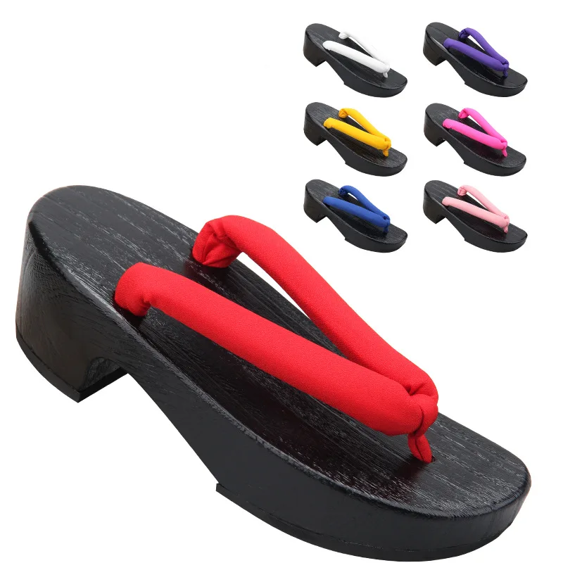 Women's Med Heel Black Color Wood Sandal Crescent Moon Shape Classic Japan Geta Summer Flip Flops Beach Slippers Cosplay Shoes