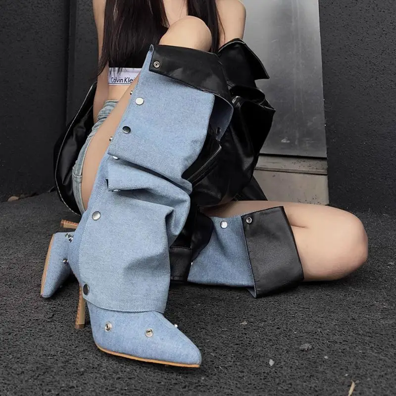 Wrinkled Piled Y2K Denim Boots Women 2025 Autumn Sexy Pointed Toe High Heel Knee Boots Punk Metal Decoration Hot Girl Booties