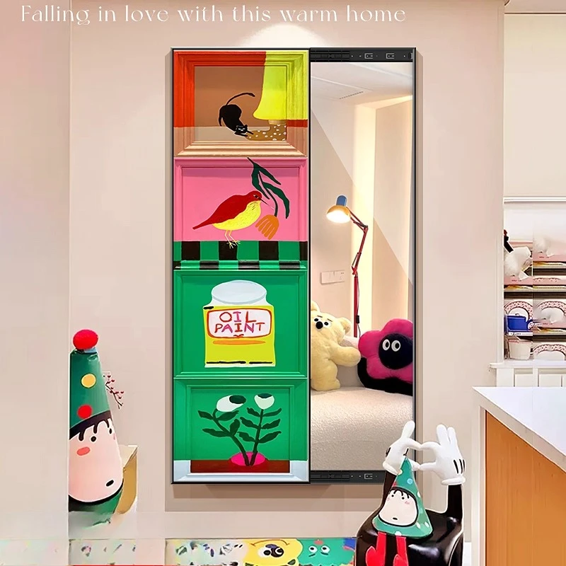

Cartoon entrance mirror decorative painting, invisible full-length mirror push-pull whole body