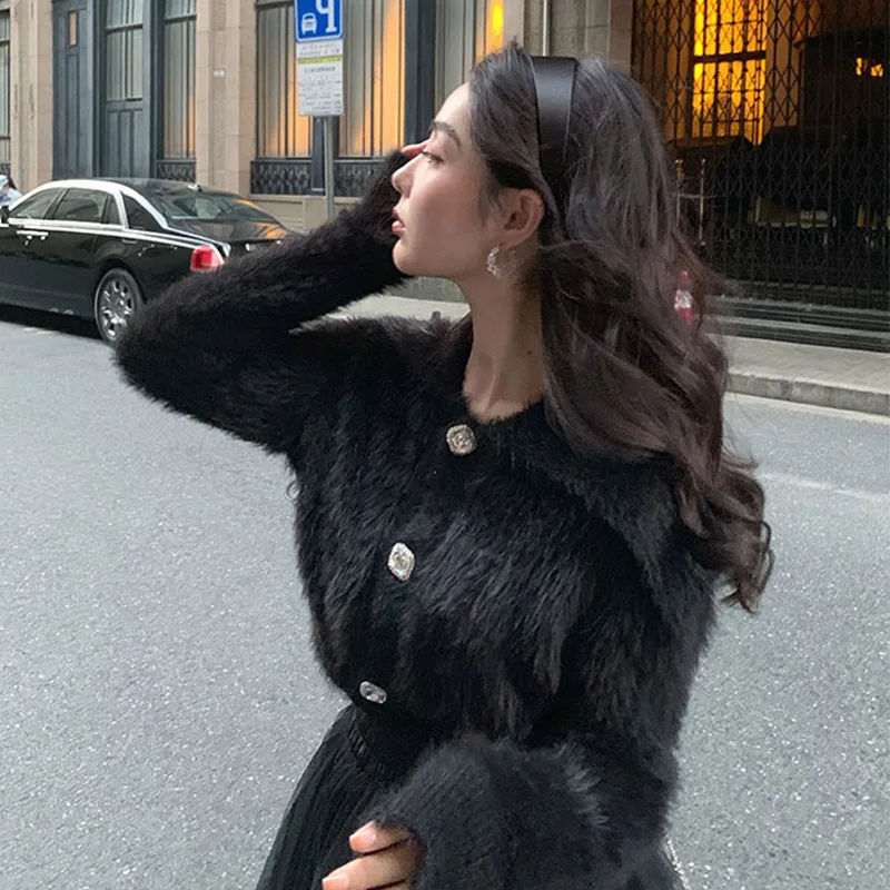 Korean Version Mink Fur Sweater Women\'s Lapel Short Soft Glutinous Autumn And Winter Thick Western-Style Diamond Buckle