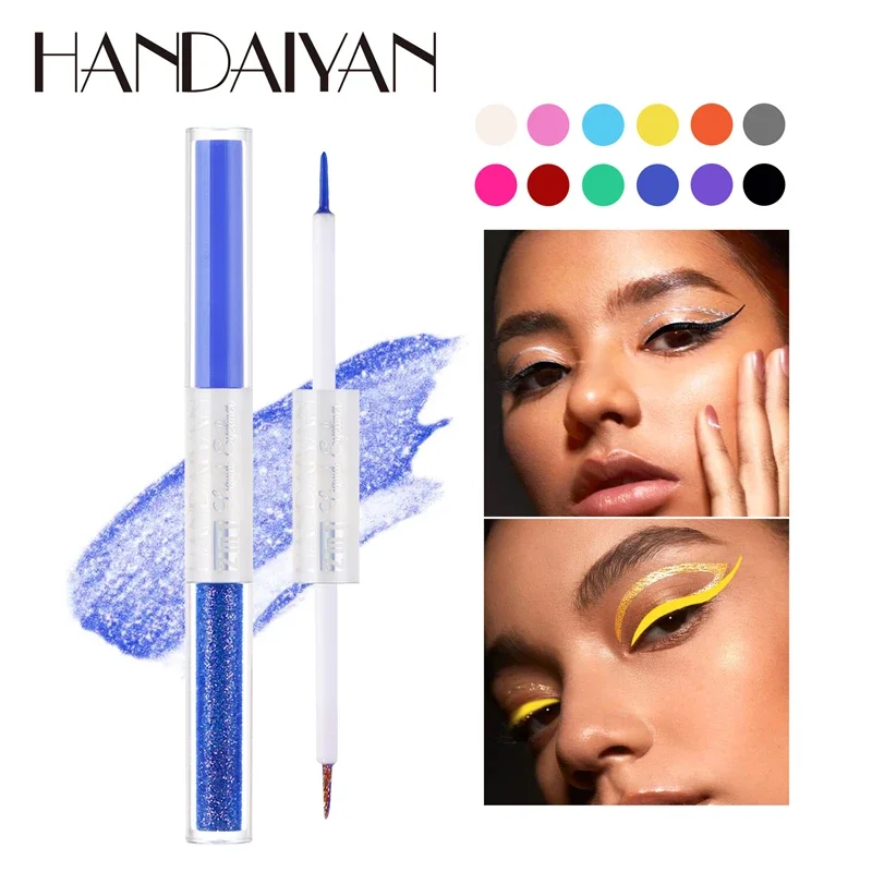 Sombra de ojos líquida con purpurina de doble cabeza colorida, delineador de ojos para maquillaje de Ojos de verano, Amarillo, Azul, Morado, brillo mate, crema de sombra de ojos