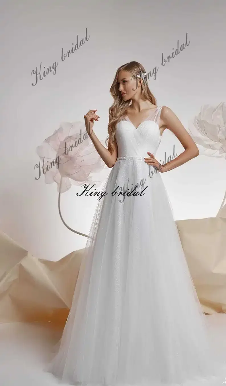 Brautkleider, drapiertes, individuelles Brautkleid, individuelles glitzerndes, gepunktetes Tüll-Hochzeitskleid, glitzernde Tüll-Hochzeitskleider, elegantes Korsett