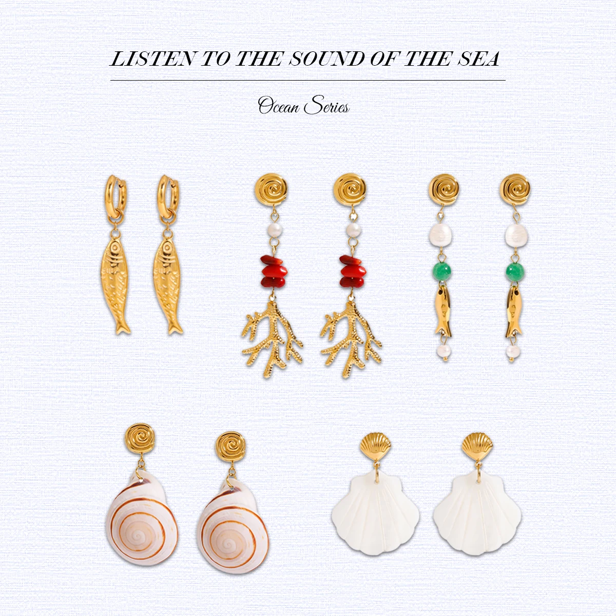 

AIKOER Vacation Ocean Wind Fish Starfish Coral Earrings 18K Gold Color Plated Stainless Steel Non Waterproof Earrings Women's Ac