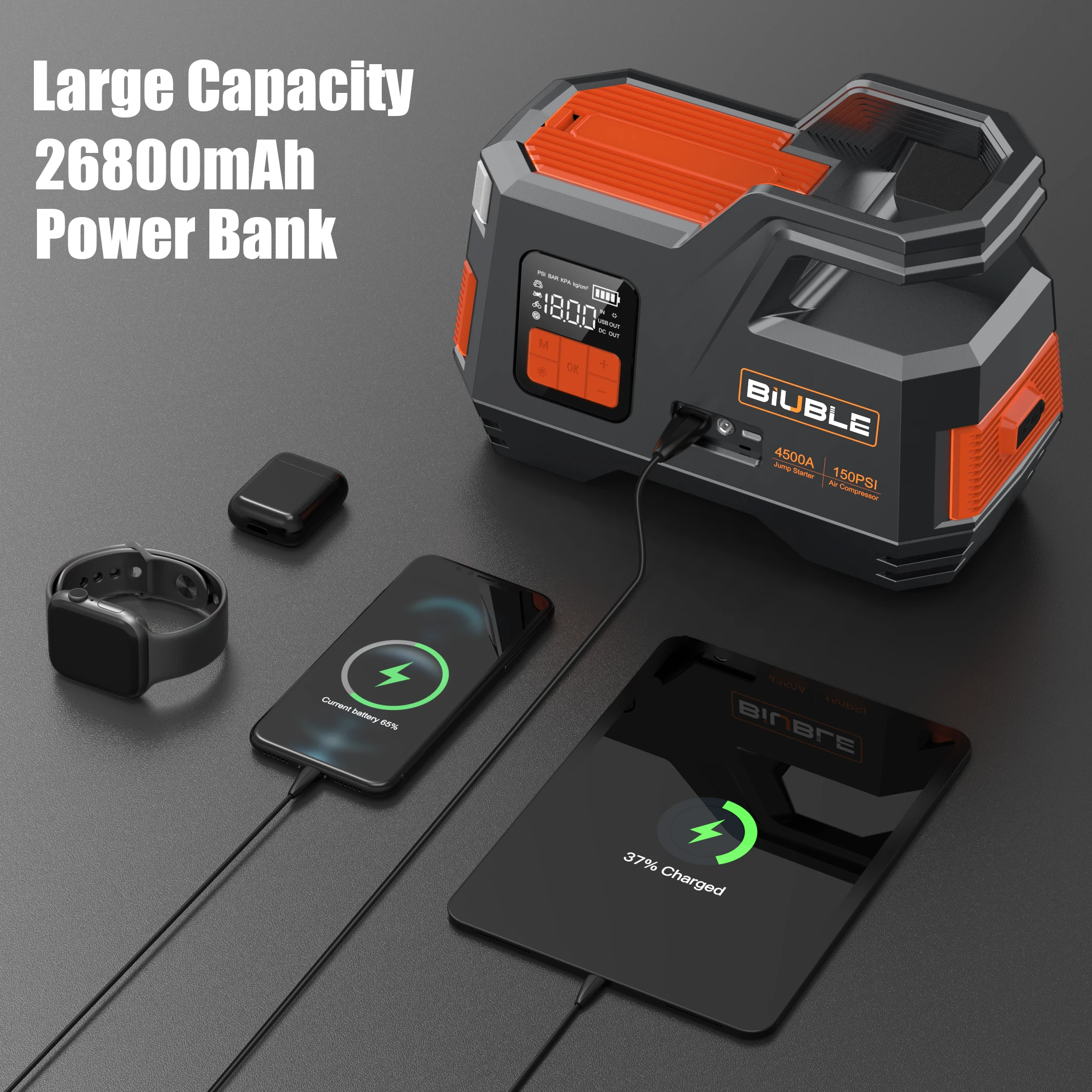 سيارة الانتقال كاتب مضخة هواء 150PSI 26800mAh الذروة الحالية 4250A بطارية السيارة الداعم ضاغط الهواء الإطارات