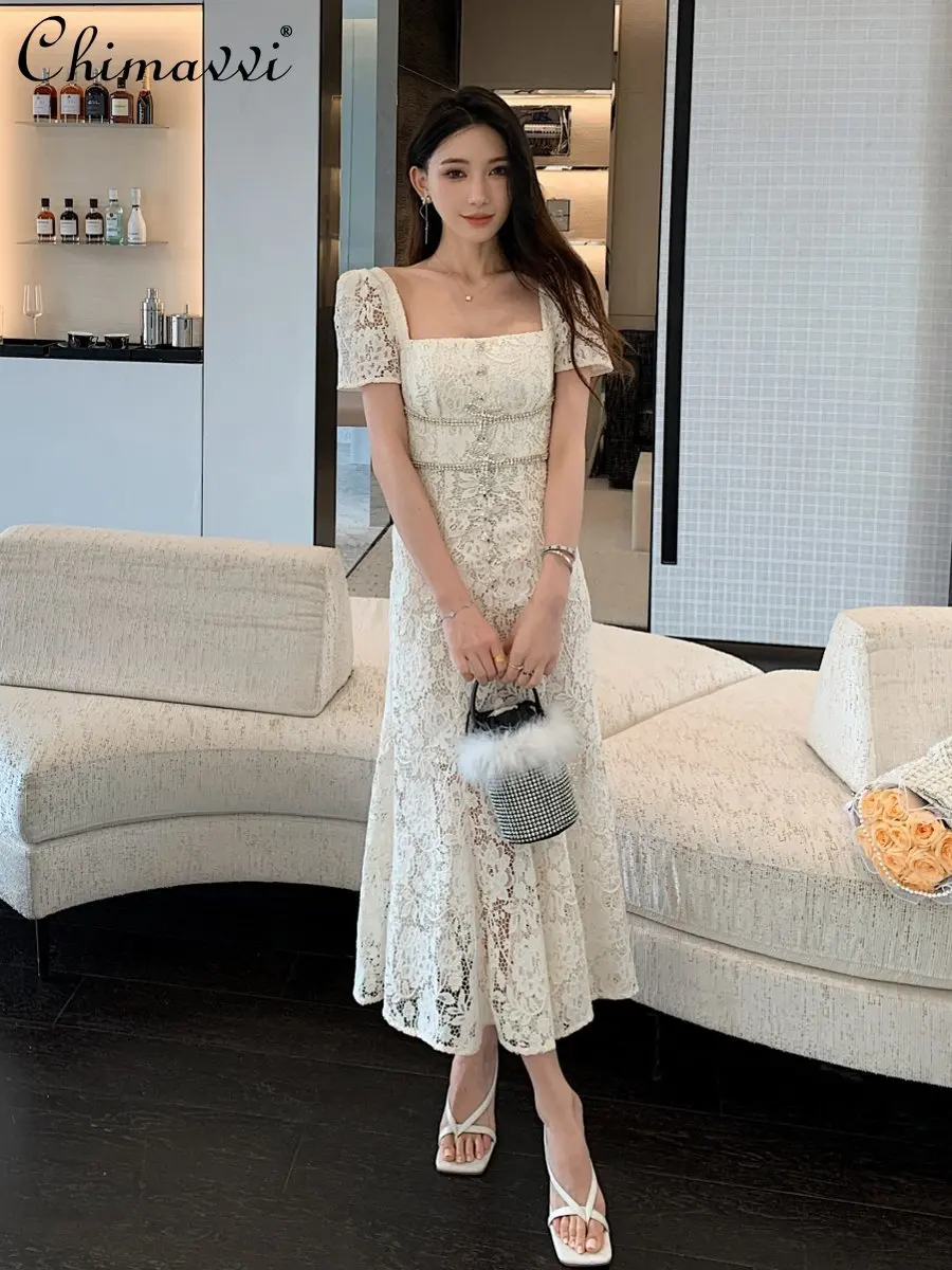 

Fashion Square Collar Slim High Waist Dress for Women 2024 Summer New High-End Short-sleeve Elegant Lace Fishtail Long Dresses