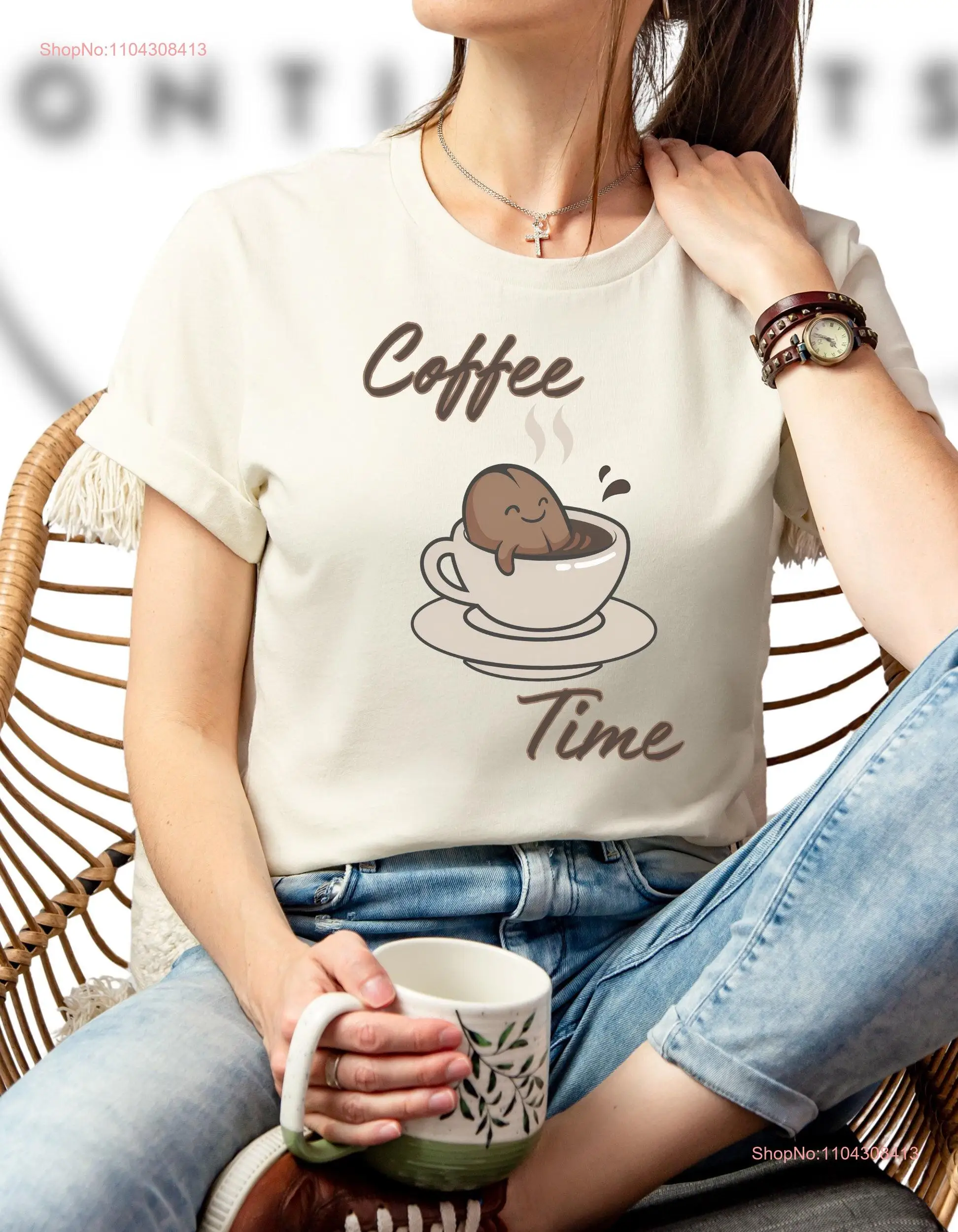 Coffee Time Cafe Restaurant Drink Cute Funny Animation Cartoon Bean Tea Espresso Latte Cup Positive Uplifting Large T Shirt