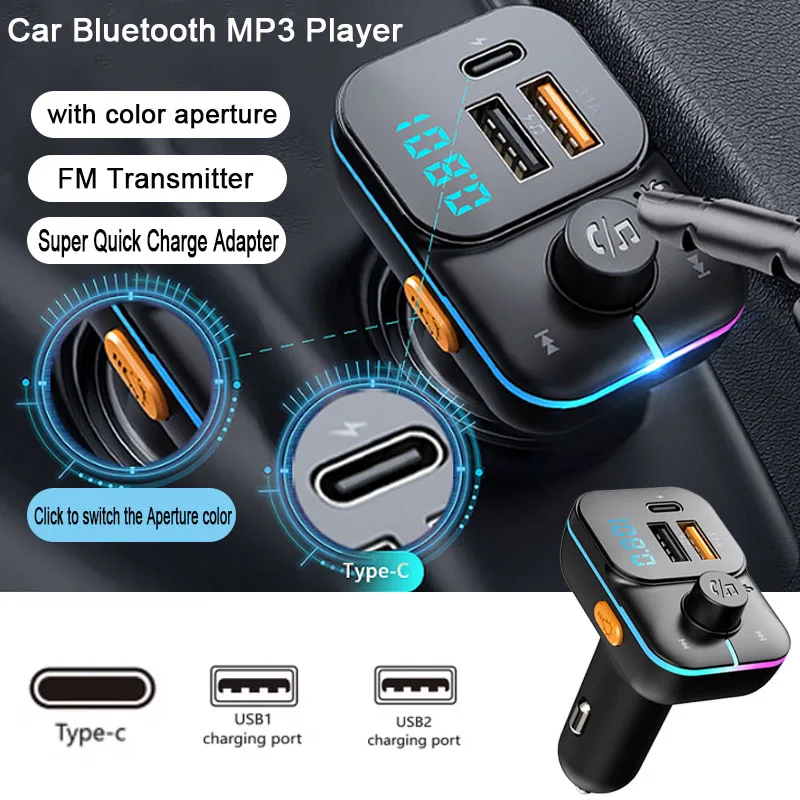 Car Fast Charge Bluetooth 5.0 FM Transmitter Dual USB Type C Player Music Handsfree with Color Aperture For IPhone Huawei Xiaomi