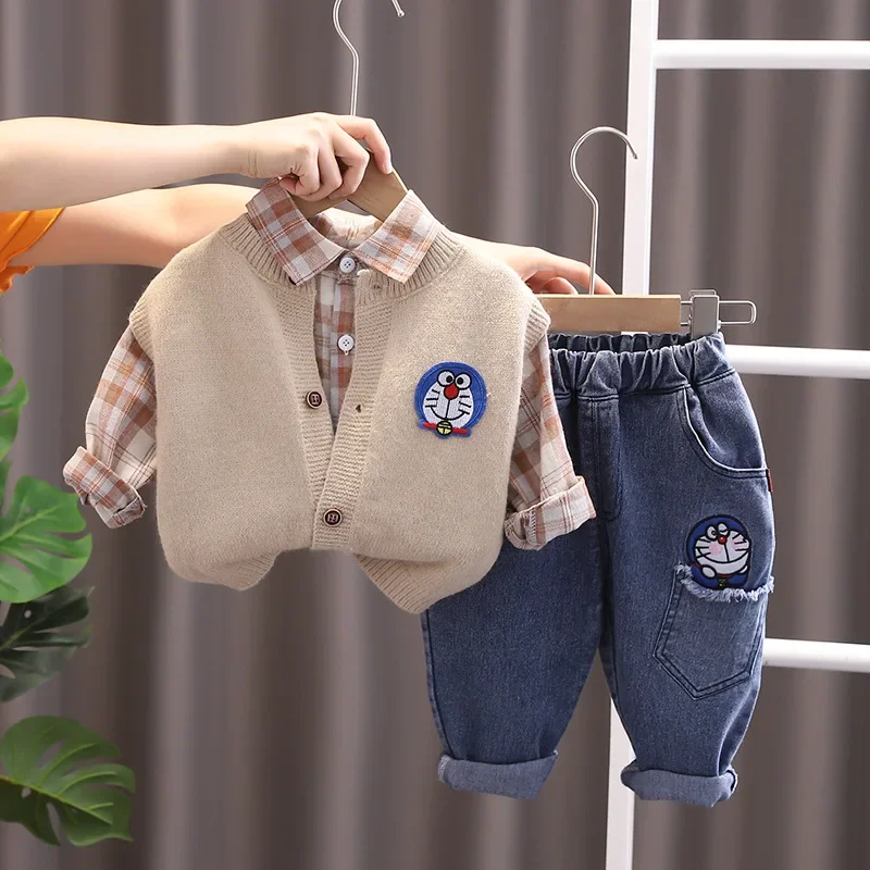 Doraemon Boys Children\'s Sets spring autumn clothes cartoon jacket children baby plaid shirt three-piece suit
