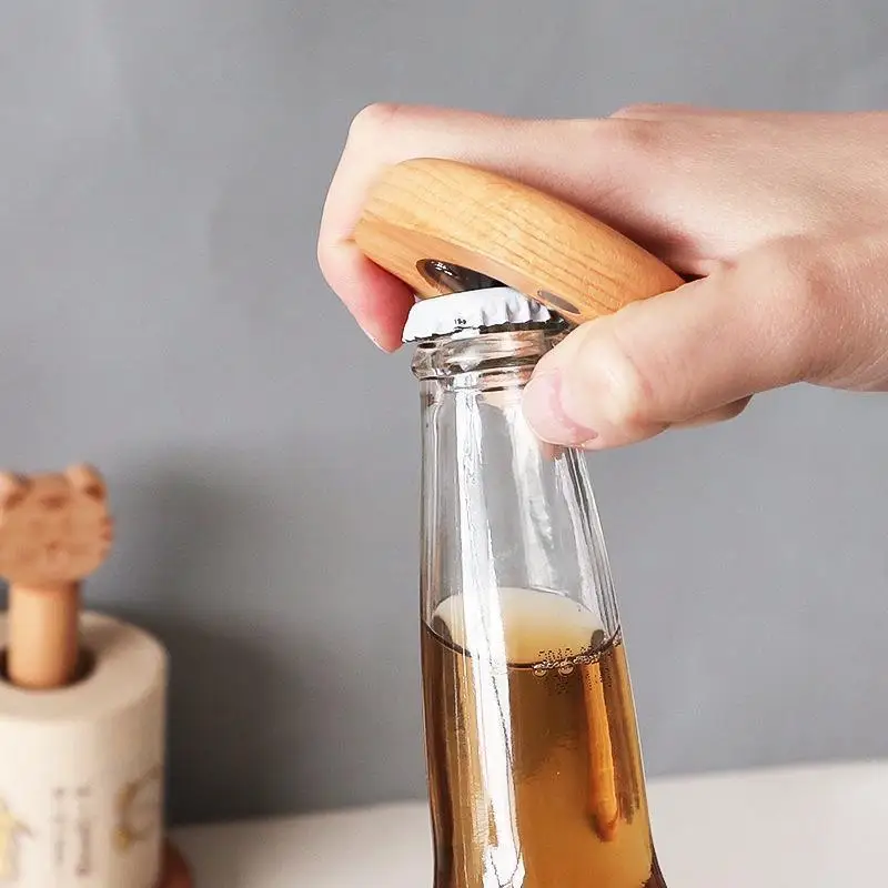 1 PCS Round Wooden Beer Bottle Opener With Magnetic Fridge Magnet, Wedding Gift Creative Gift