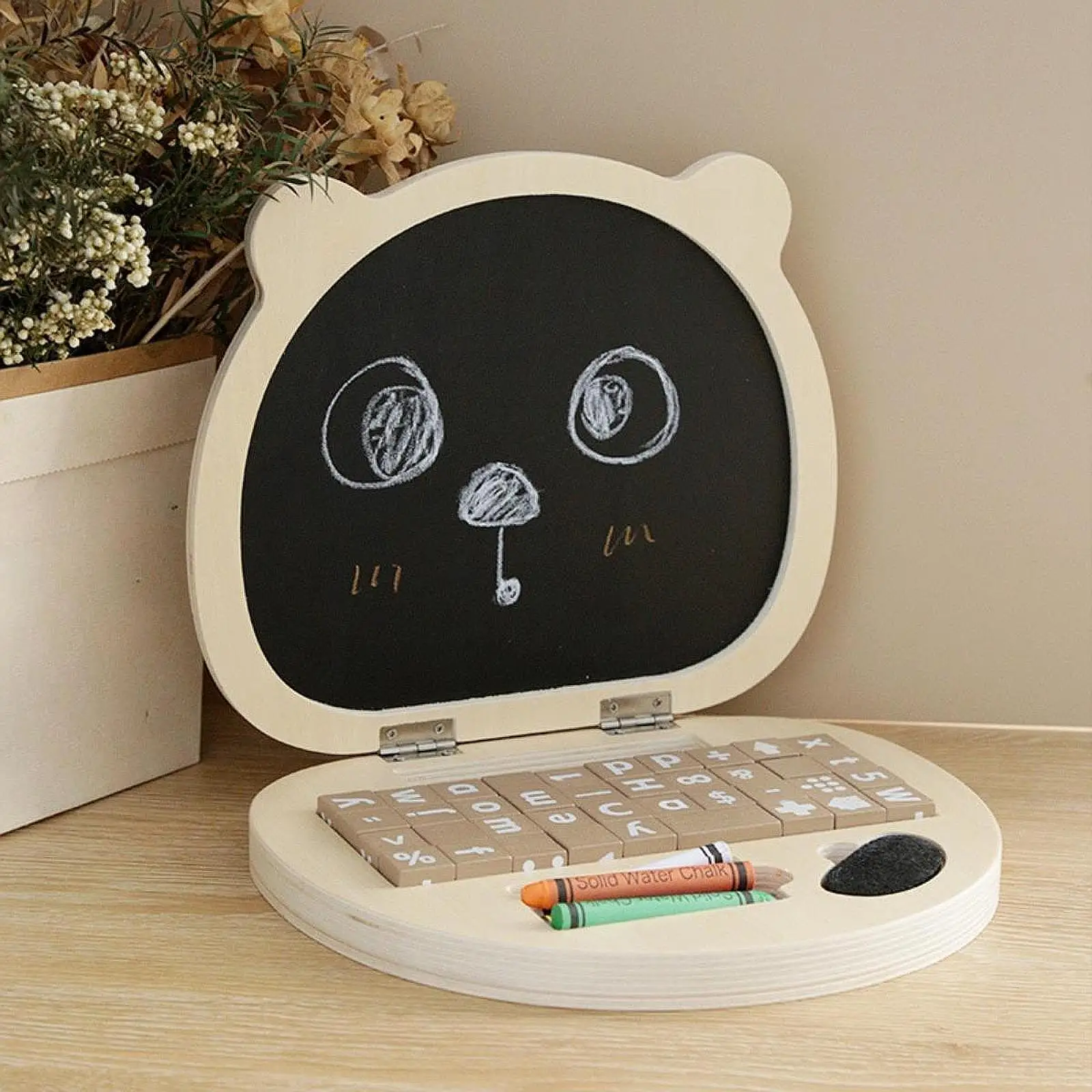 Kids Toy Laptop Drawing Pad Early Education Wooden Computer Pretend Play Set for Weather Letters Directions Numbers Painting