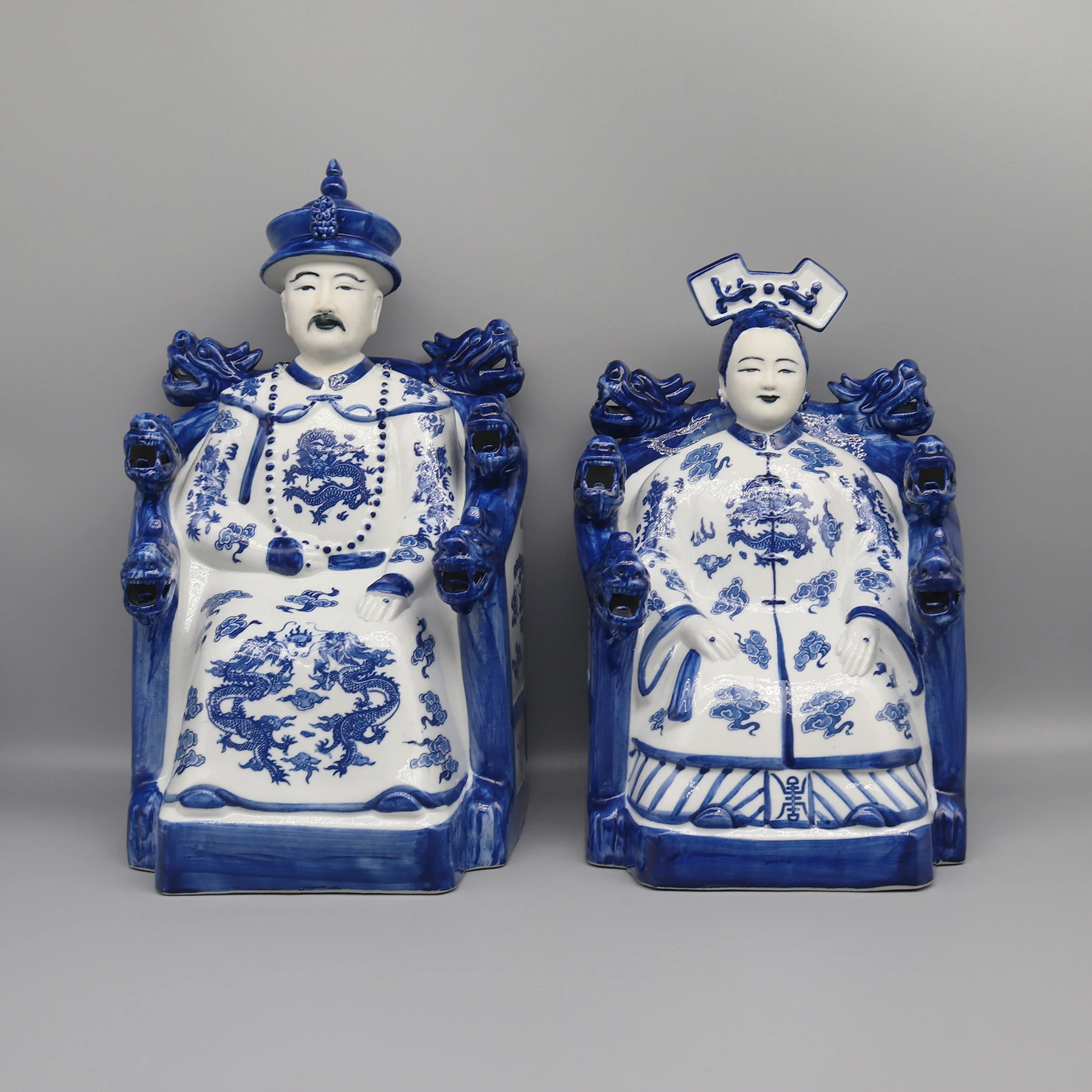 Heavy Sitting Emperor Statue, Empress in the Dragon Head Chair, Blue and White Figurine