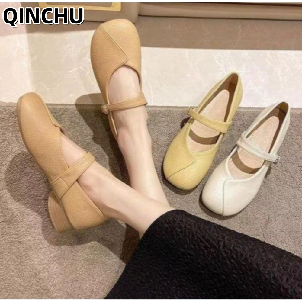 

Модные женские туфли Мэри Джейн QINCHU с мягкой подошвой, удобные кожаные туфли на низком каблуке для работы, 2026