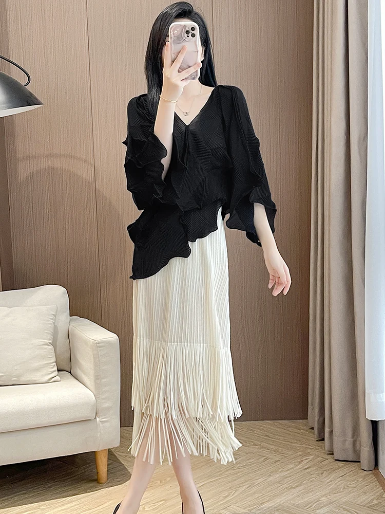 

Simple Pure Color Women's Outerwear Elastic Pleated Top Tassel Half Skirt Summer Trendy Commute Style Straight Tube Silken
