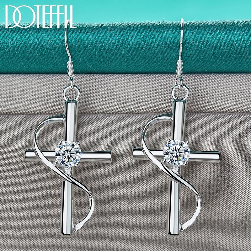 DOTEFFIL 925 Sterling Silver AAA Zircon Cross Drop Earrings Charm Women Jewelry Fashion Wedding Engagement Party Gift