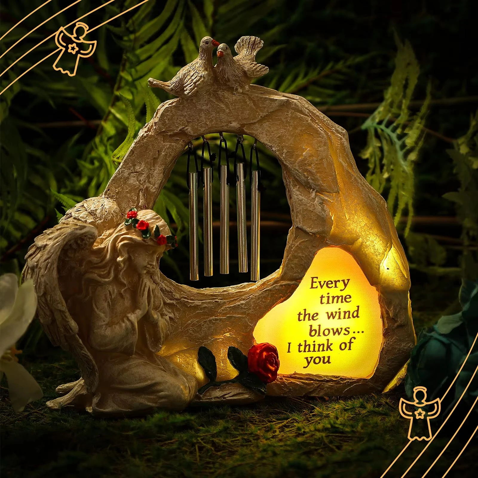 

Solar Angel Memorial Statues with Wind Chimes Sympathy Gift for Loss of Loved One Bereavement Decor Outdoor Garden Grave Light