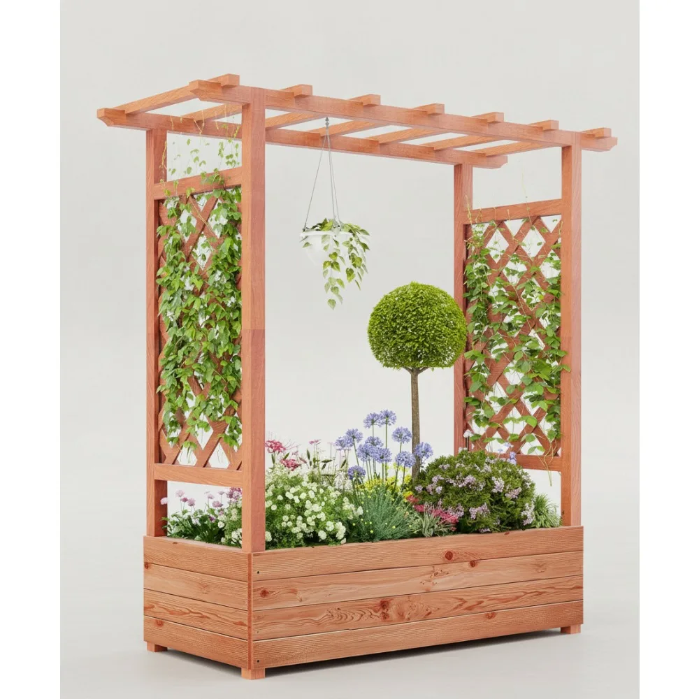 

Elevated Wooden Garden Bed with Trellis - 45in Planter Box for Climbing Plants, Vines & Flowers