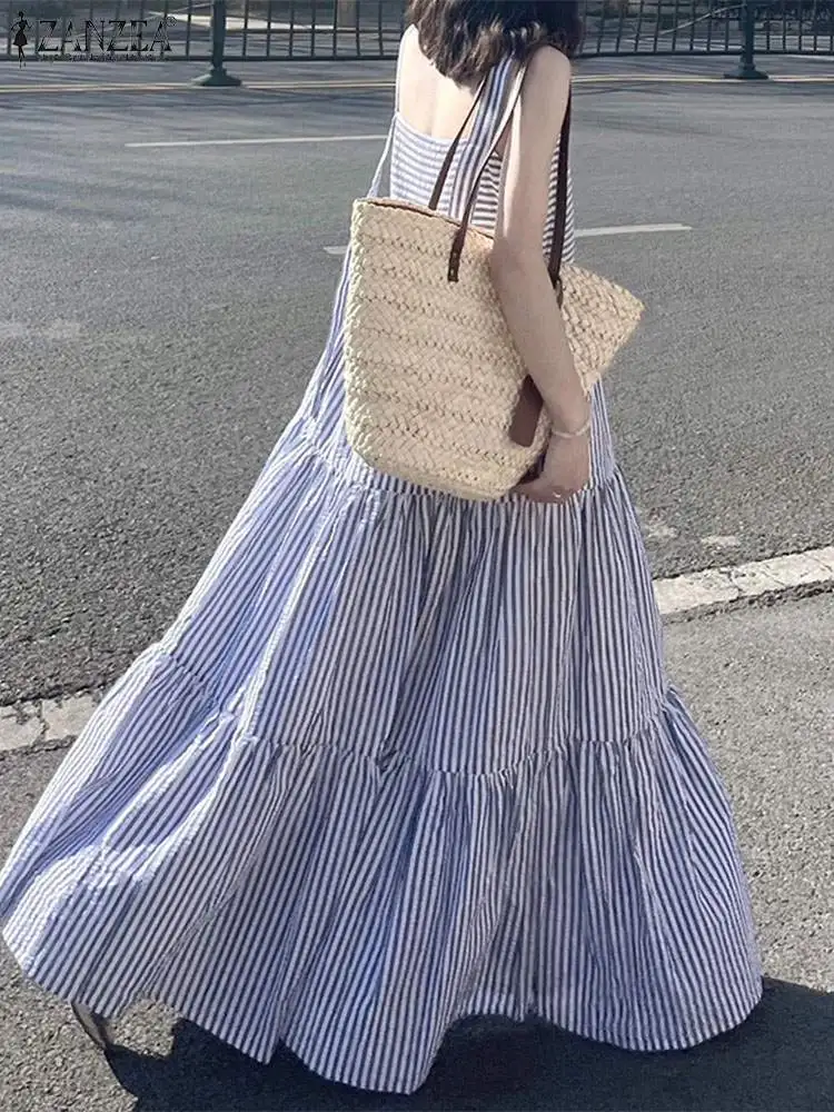 ZANZEA Fashion Women Vintage Square Neck Holiday Long Sundress Robe Femme Vestido Summer Sleeveless Striped Beach Maxi Dress