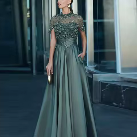 Customized Luxury Beading Embrodiery Evening Dress High Neck Cap Sleeve Wedding Guest Ouutfi Pleat A Line Long Dress with Pocket