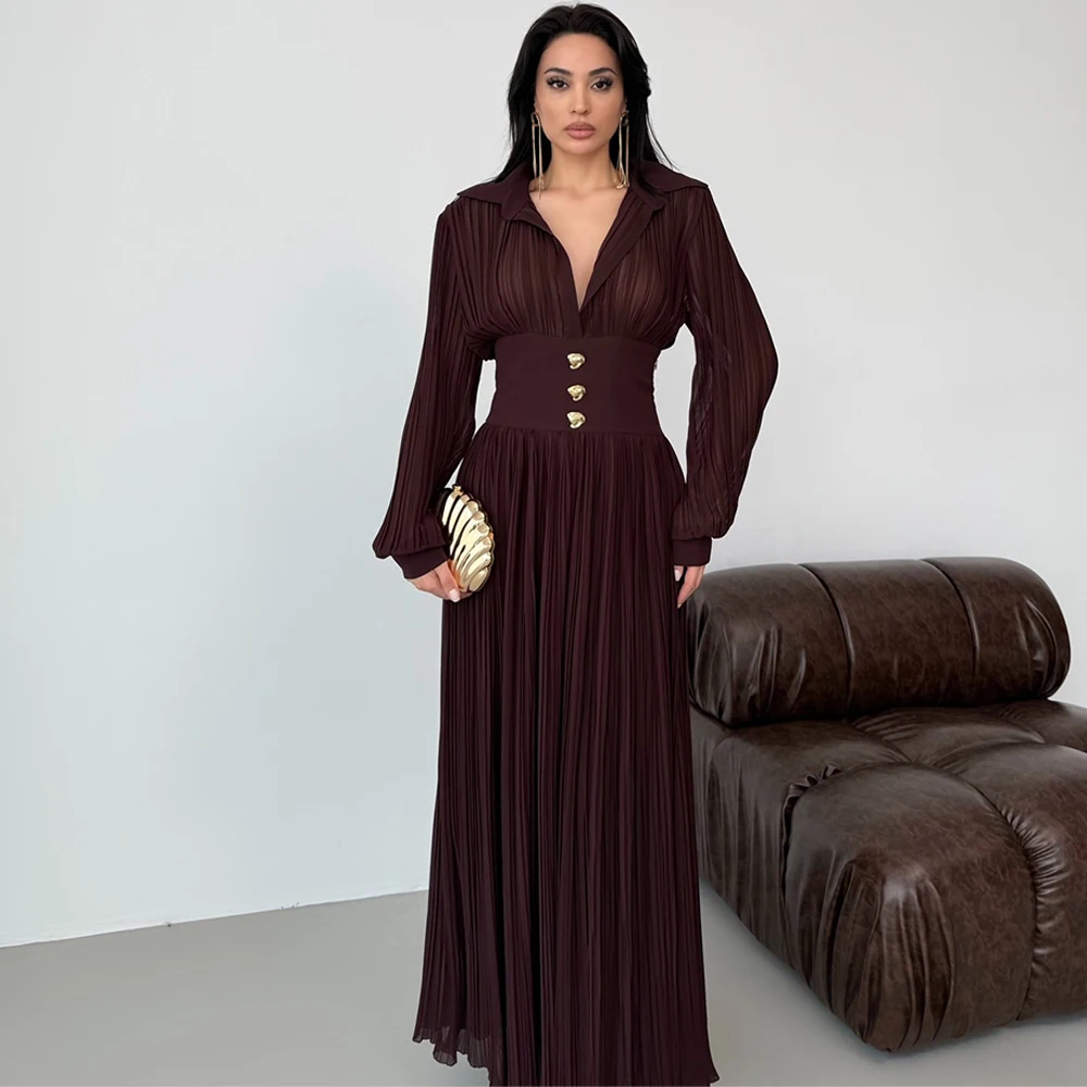 

Classic V-Neck Chiffon Evening Dress Elegant Long Sleeves Customized Party Dresses Delicate Buttons Special Occasion Gowns