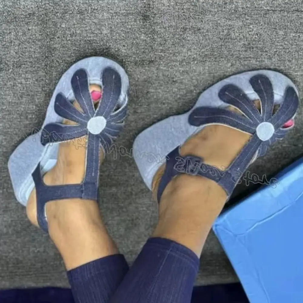 Flowers Patchwork Sandals Platform Mixed Color Hollow Round Toe Wedges Buckle Strap Fashion Novelty Sweet Women Summer Shoes New