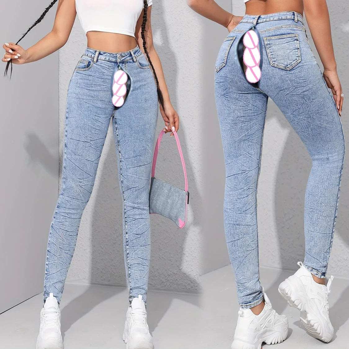 Boyfriend Jeans Summer Outdoor Sex Open Crotch Pencil Pants Light Blue Denim Women Stretch Skinny Trousers Vintage Streetwear