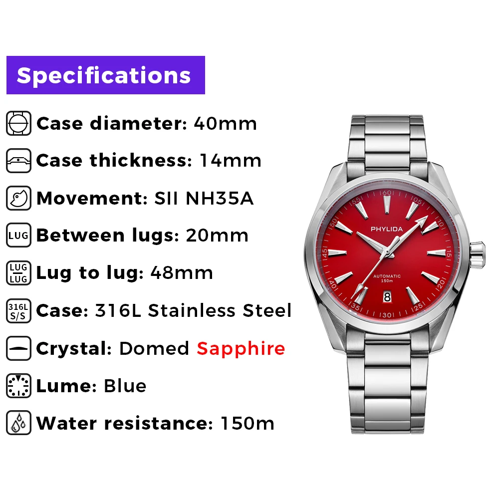 PHYLIDA New Red Dial Aqua 150m Automatic Watch Sapphire Crystal NH35A Wristwatch 100WR Diver Watches for Men