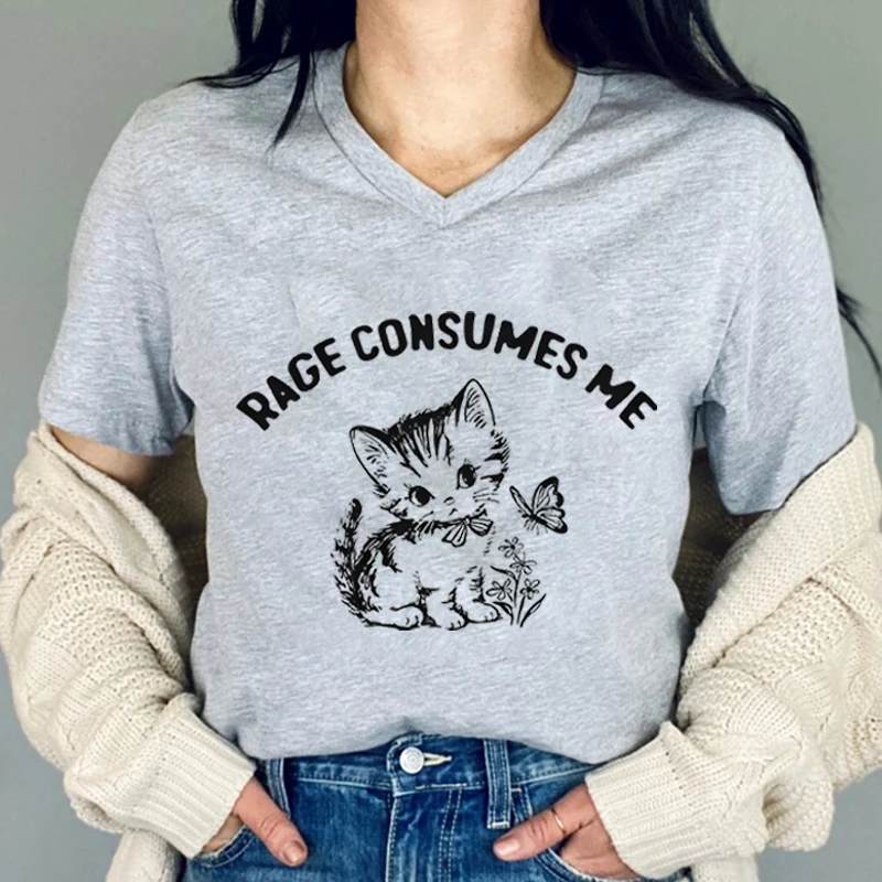 

Rage Consumes Me Graphic T Shirts Women Vintage Kitten Tshirt Short Sleeve Funny Women's Aesthetic Shirt Floral Cat Graphic Tee