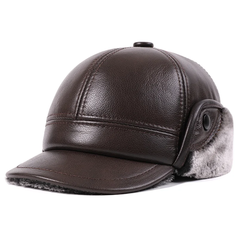 New Winter Natural Genuine Leather Caps For Men Plush Thickened Bomber Hats Anti-cold Fur Warm Earmuffs Hat Cowhide Leather Cap