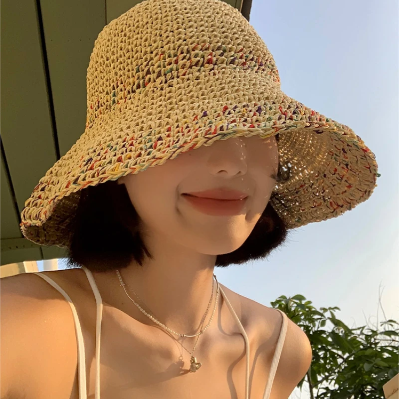 

Straw Sun Hats Women Summer Breathable Korean Showing Face Small Bucket Hat Large Brim Sunshade and Sunscreen Seaside Beach Cap