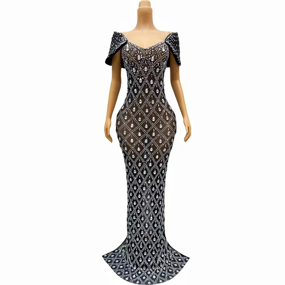 

Luxurious Crystals Rhinestones Black Elegant Evening Dress Celebrate Birthday Party Dress for Women Sexy Mesh Photo Shoot Wear