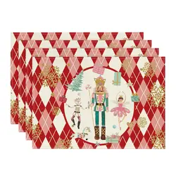 Red Diamond Plaid Nutcracker Snowflake Christmas Placemats Set of 4, 12x18 Inch Winter Table Mats for Home Party Dining Decor