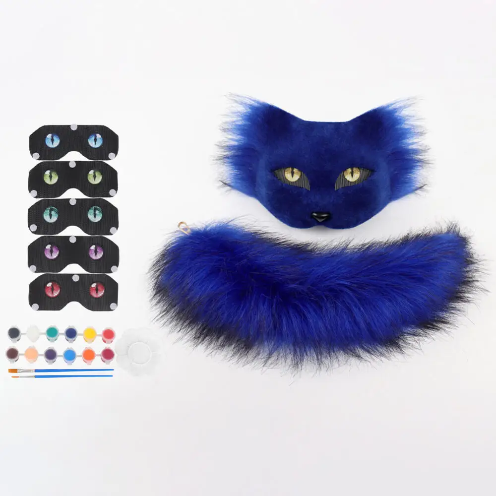 Halloween Cosplay Akcesoria Zwierzęcy Kot Cos Maska na Pół Twarzy z Ogonem 2-częściowy Zestaw z Farbą Personalizowana Maska DIY Pluszowy Ogon Rekwizyty Zwierzęce