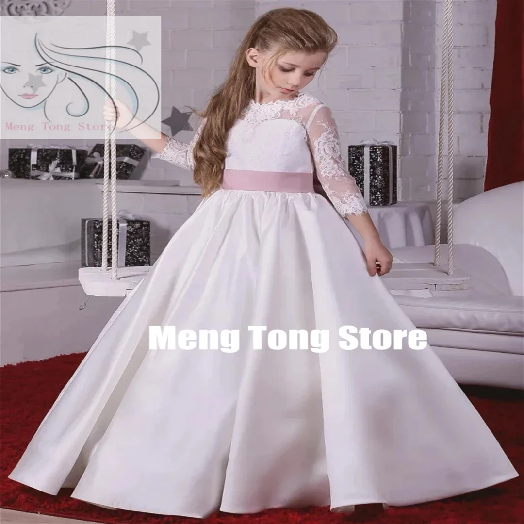 

Customized Wedding Elegant Sartin Lace Backless 3/4 Sleeve With Bow Flower Girl Dress For Kids Birthday Party First Communion