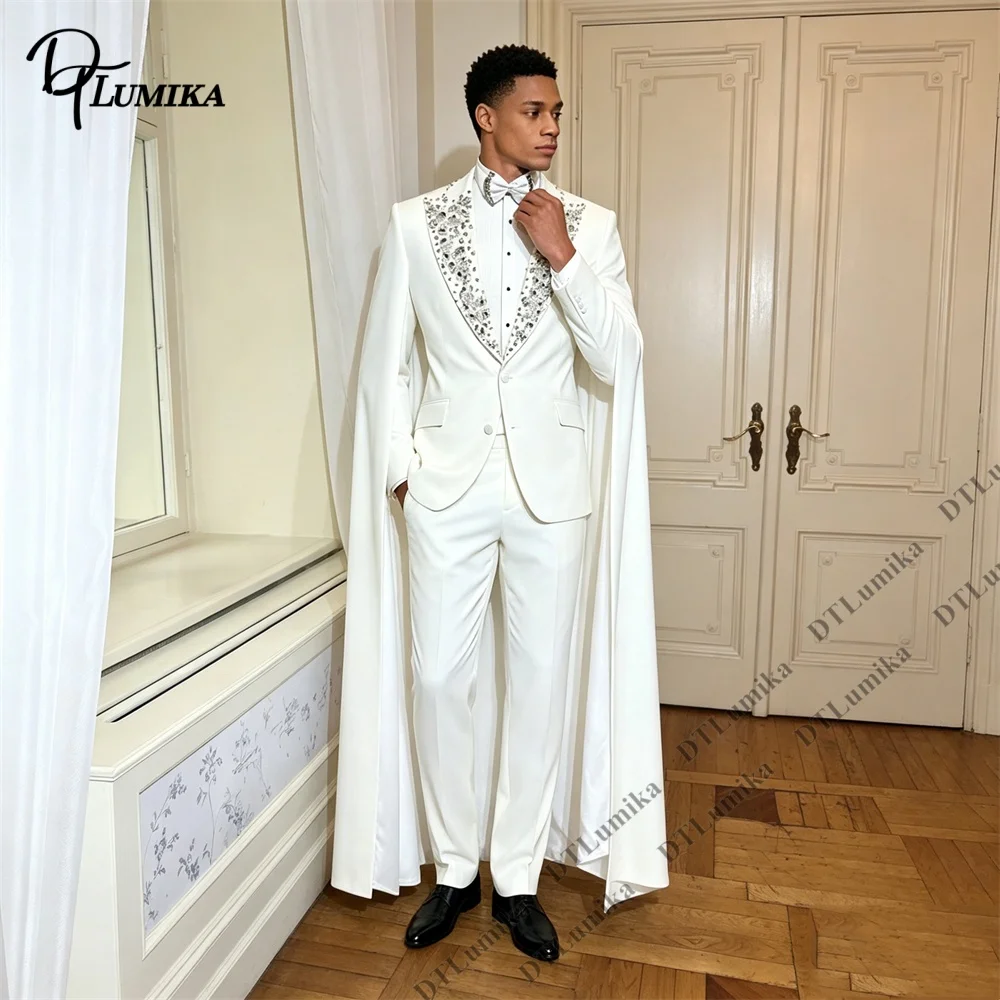 DTLumika Prince Two Piece Formal Wedding Tuxedo for Men, Jacket with Cape, Beaded Sequined Lapel Prom Suit Set with Pants