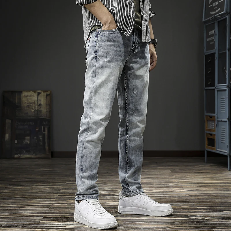 

Spring and autumn fashion brandAmerican retro wash light jeans men slim slim slim Zhuanshuai small feet straight leg men's pants