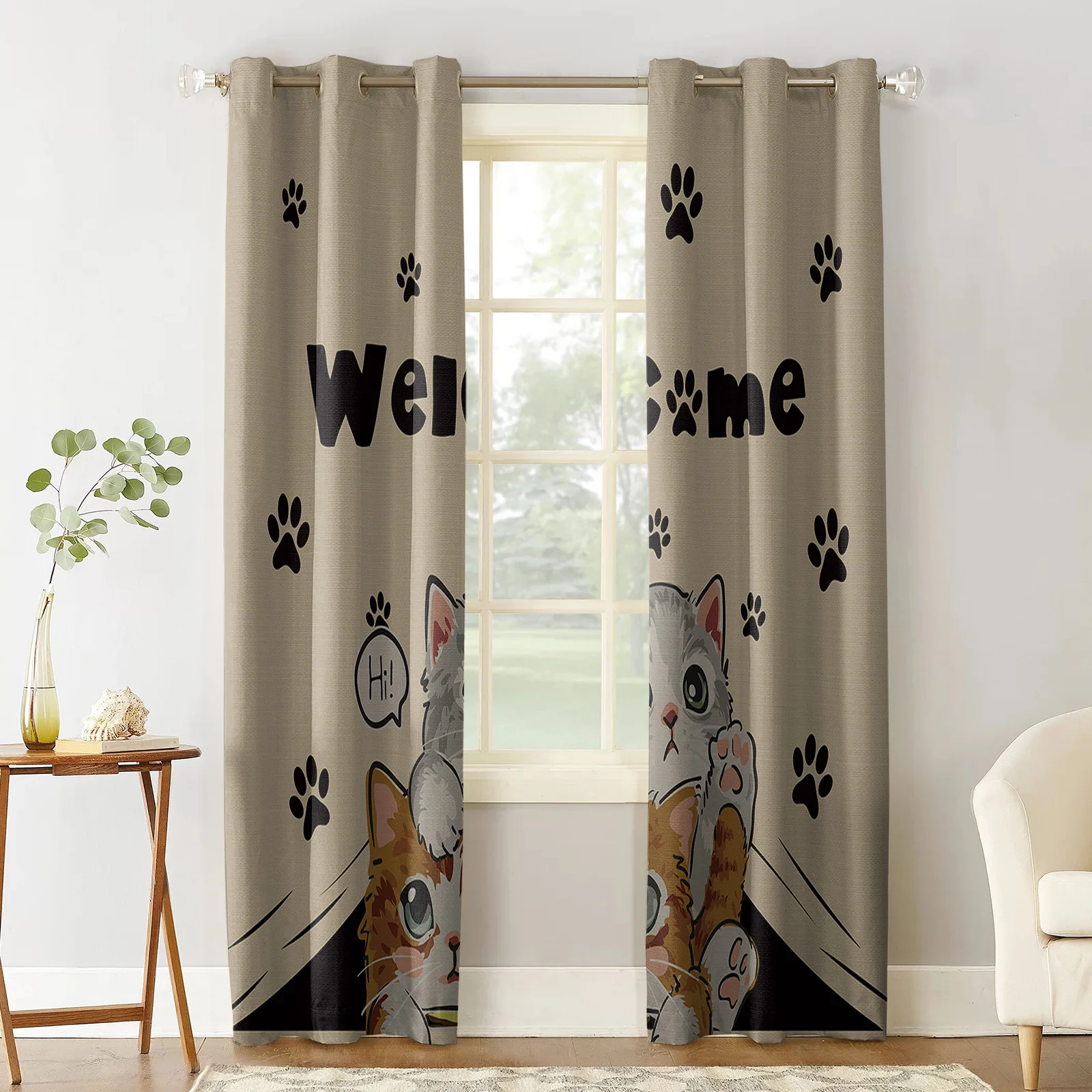 Cat Paw Retro Cute Welcome Curtains for Living Room Window Panels Bedroom Kitchen Drapes Home Decor Window Curtain