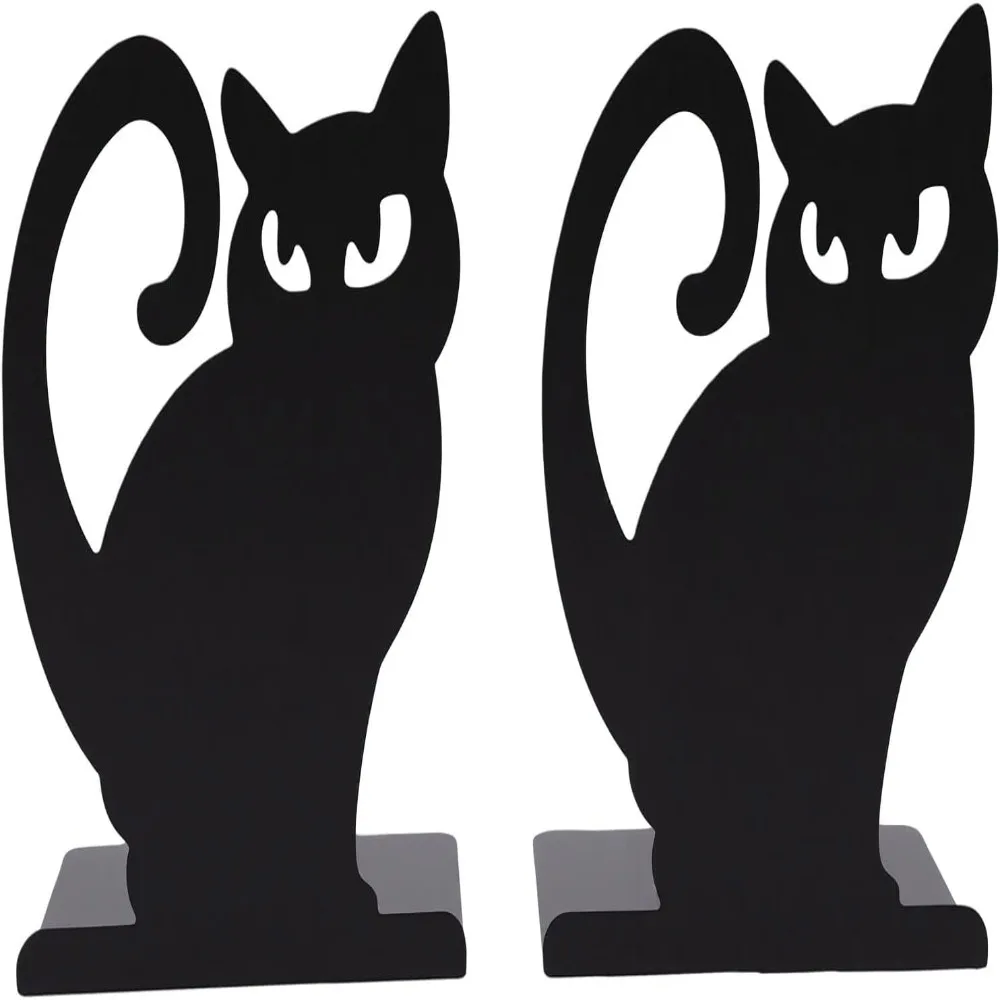 2pcs Iron Decorative Cat Bookend 4.72x4.37x5.87in Thickening Design Metal Bookends Black Non-Skid Base Book Organizer School Use